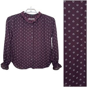 Ann Taylor Novelty Horseshoe Print Ruffle Collar Button Down Blouse 2 Maroon